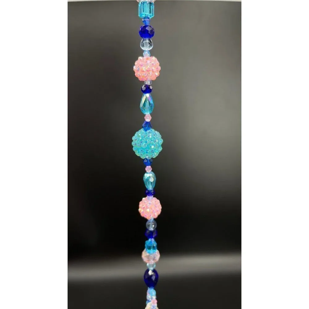 Beaded Suncatcher - Blue Pink - Clear Crystal Prism - Hanging Decor Yard Art
